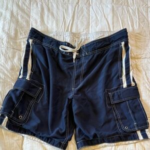 Mossimo Supply Co. Navy Blue Swim Board Shorts with White Stripes